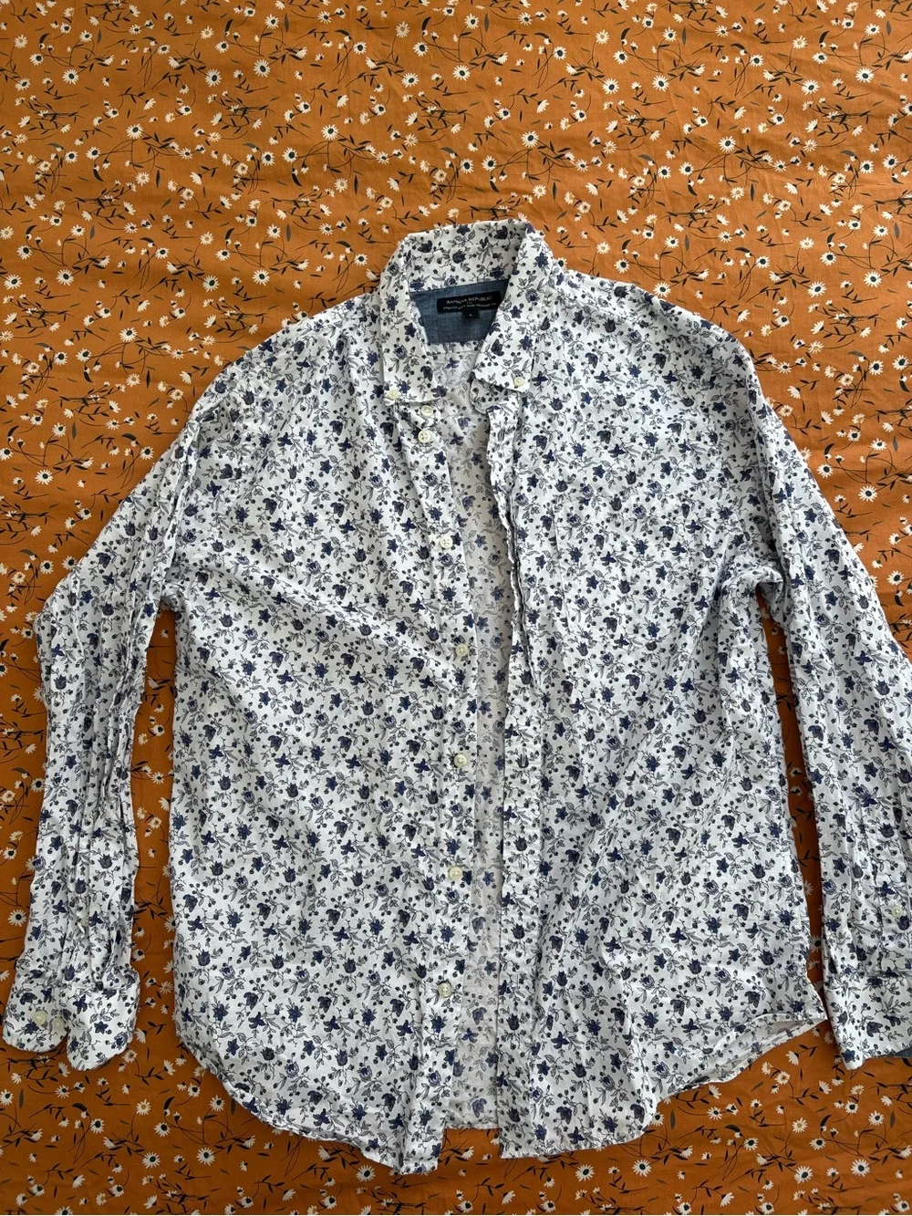 Banana Republic White Button-Down Shirt with Blue Floral Print